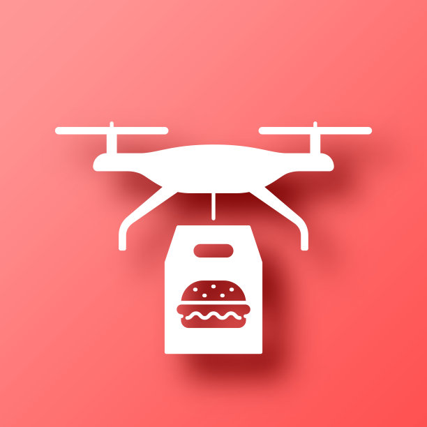 带汉堡的外卖无人机。图标在红色背景与阴影图片下载