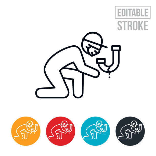 水管工固定管道戴面罩细线图标-可编辑的笔划图片下载