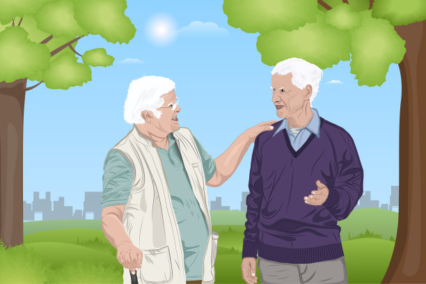 两个退休老人在公园散步图片下载
