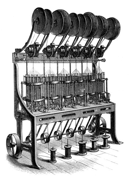 古董插图，应用机械和机械，纺织工业:用于纺线和绳索生产的机器图片下载