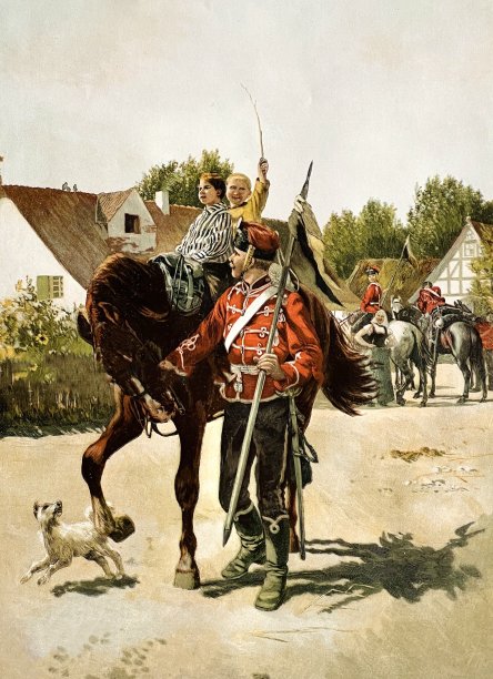 两个男孩被允许骑在士兵的马上，他们期待着这次冒险图片下载