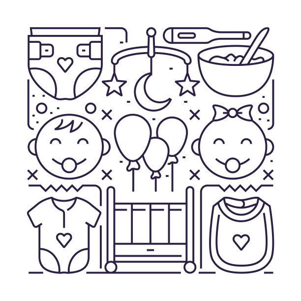 子类对象和元素。线条图标插图集合。图标设置或横幅模板。图片下载