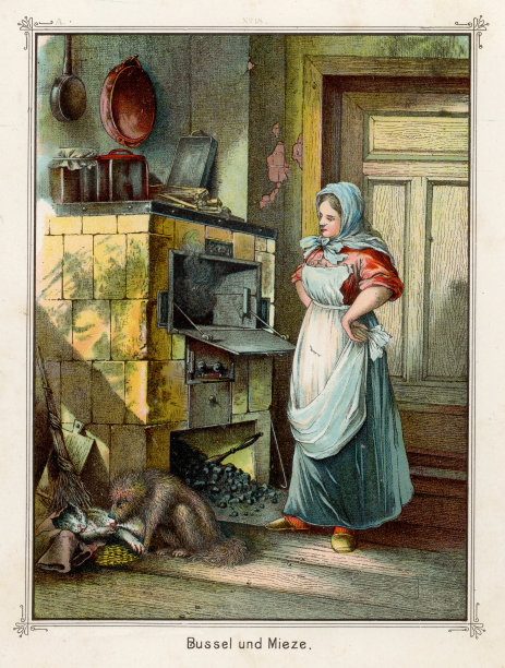 维多利亚时代的厨师站在厨房的烤箱旁，宠物狗和猫是不可能的朋友图片下载