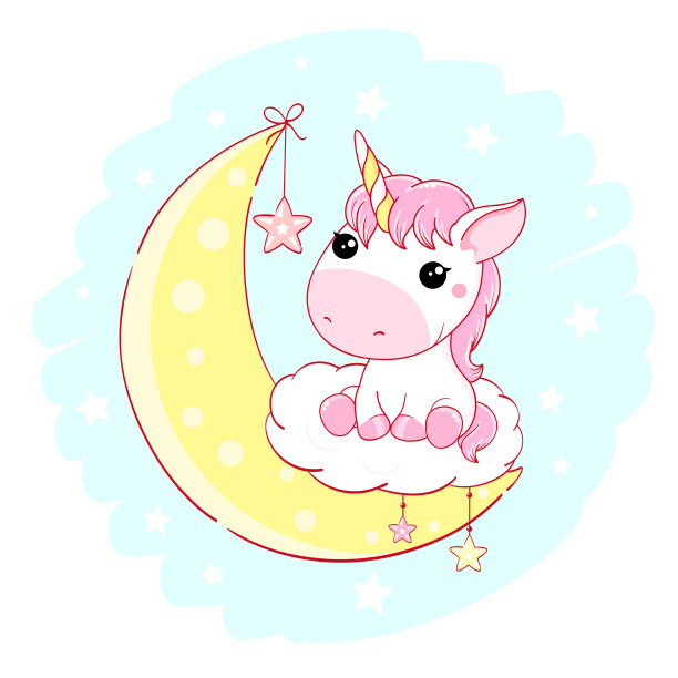 可爱的婴儿卡卡哇伊风格。可爱的独角兽坐在月亮上的云上图片下载