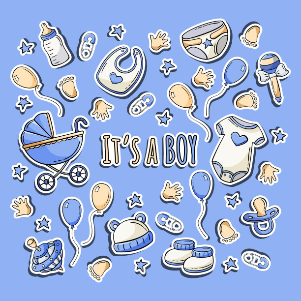 手绘贴纸集合在涂鸦素描风格的婴儿元素。婴儿淋浴贴纸。图片下载