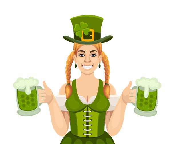 拿着啤酒杯的圣帕特里克女孩。图片下载