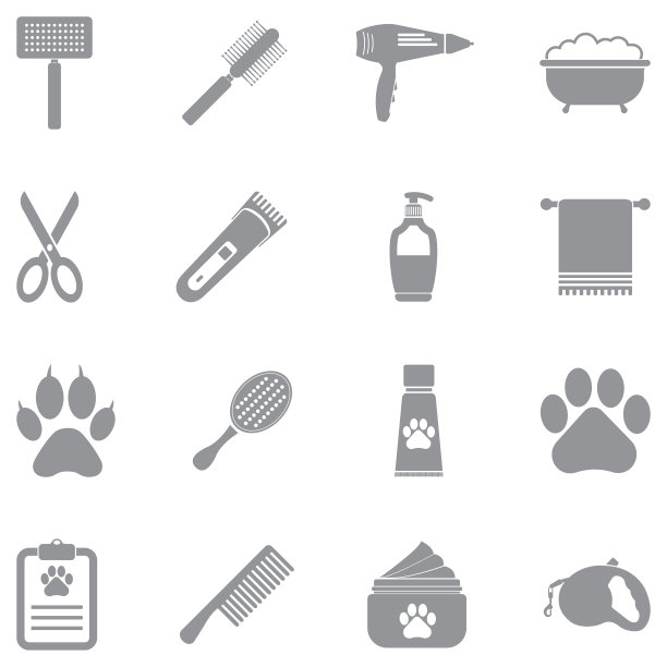 宠物美容图标。灰色的平面设计。矢量插图。图片下载