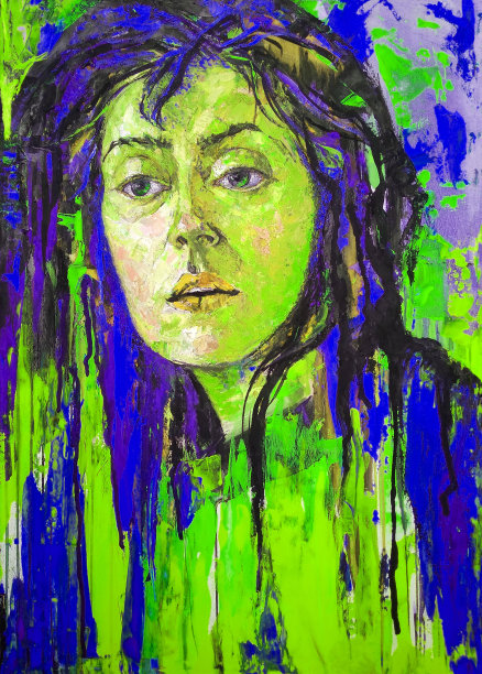 插画油画肖像的年轻女子与飞扬的头发在背景上的蓝色和黄色图片下载