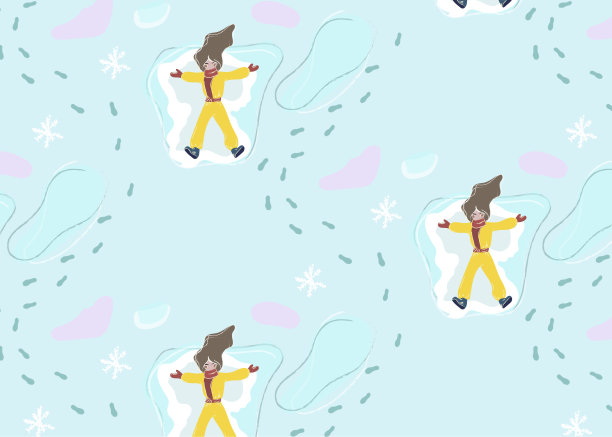 年轻快乐的女孩穿着黄色的衣服在圣诞节的雪天使图片下载