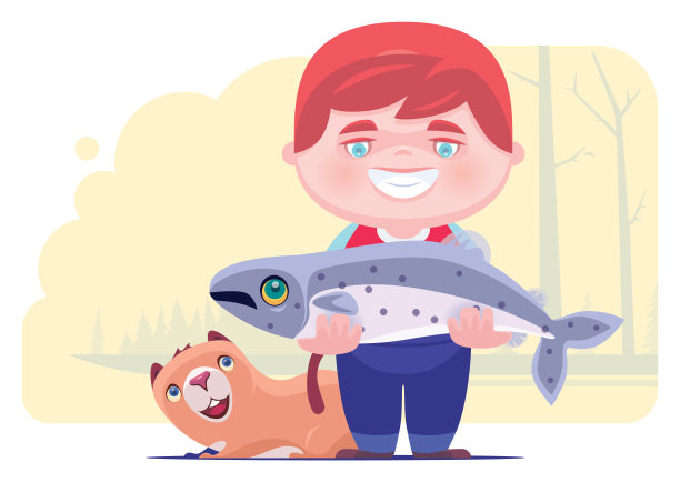 快乐的男孩抱着大鱼图片下载