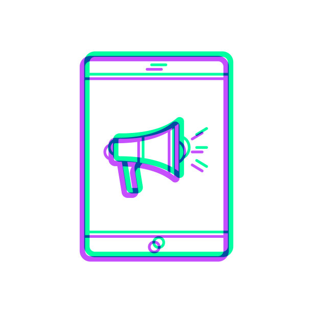 带扩音器的平板电脑。图标与两种颜色叠加在白色背景上图片下载