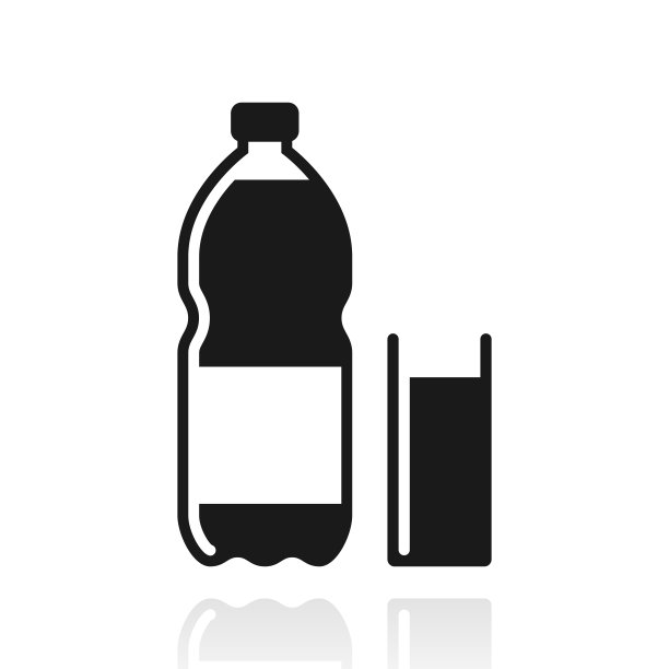 一瓶和一杯苏打水。白色背景上反射的图标图片下载