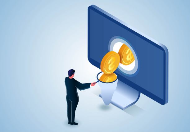 在互联网上收获利润或赚钱，股票收益，投资回报等。远方幸运的商人用蝴蝶网把口袋里的金币抓了起来，从电脑屏幕里冒出来图片下载