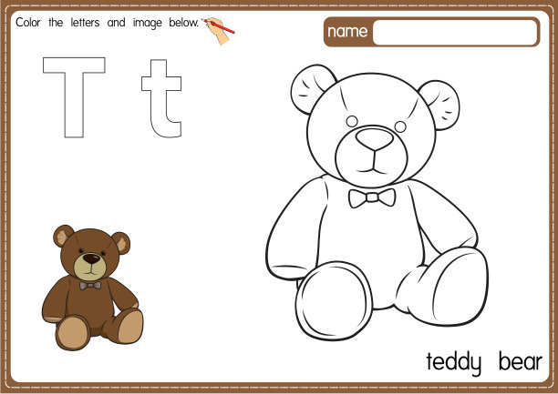 矢量插图的儿童字母着色书页与概述剪贴画，以颜色。字母T代表泰迪熊。图片下载