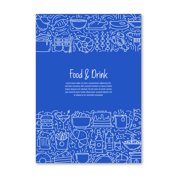 食品和饮料相关的对象和元素。手绘矢量涂鸦插图集合。海报，封面模板与不同的食物和饮料对象图片下载