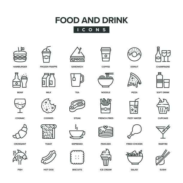 食物和饮料线图标集图片下载