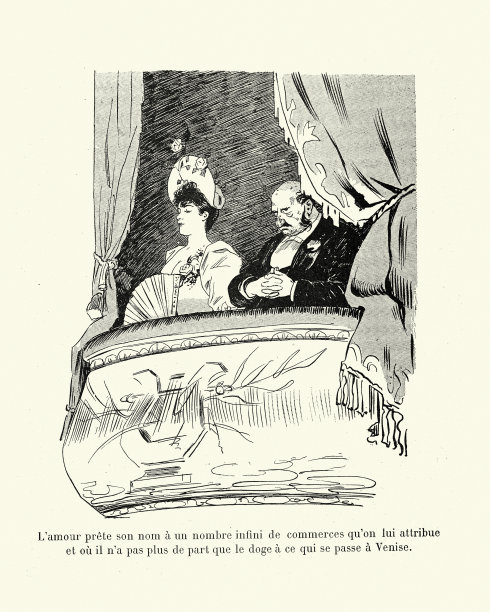 富人和他年轻的妻子在歌剧院，维多利亚时代的法国卡通图片下载