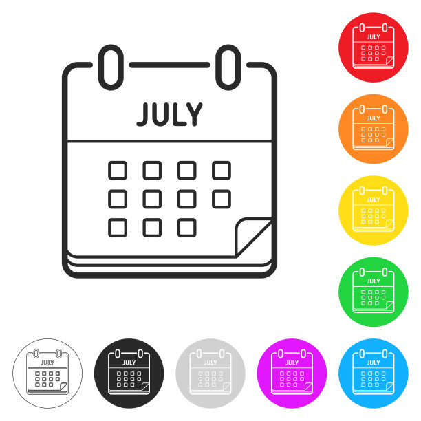 7月日历。按钮上不同颜色的平面图标图片下载