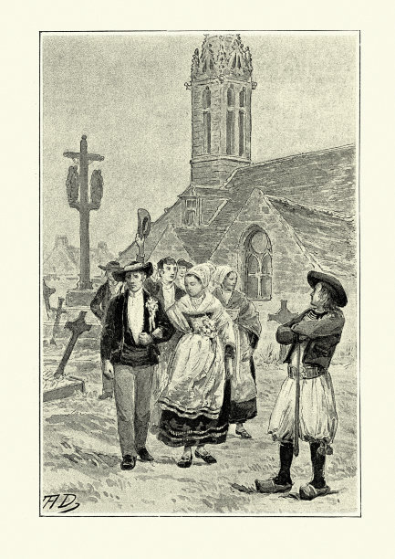 19世纪，穿着传统服装离开教堂的法国人图片下载