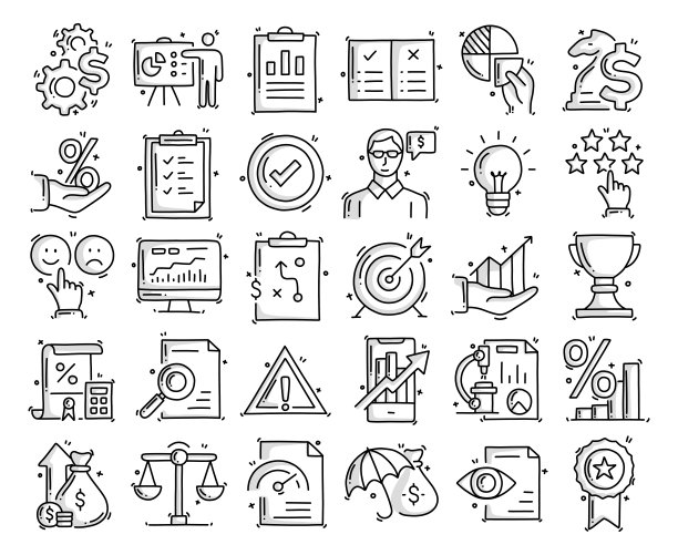 业务相关的对象和元素。手绘矢量涂鸦插图集。手绘图标集。图片下载