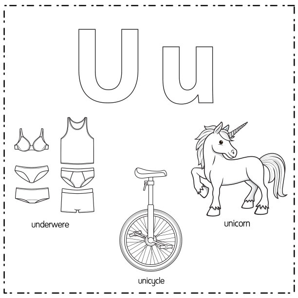 向量插图学习字母U的小写和大写的儿童与3卡通图像。内衣独轮车独角兽。图片下载