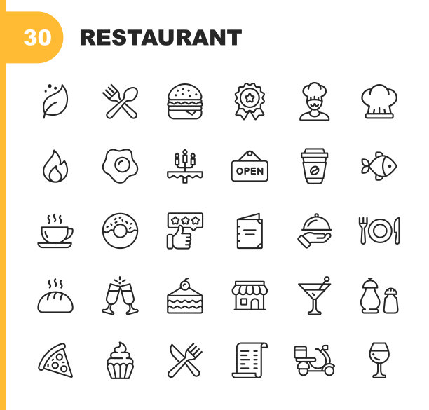 餐厅线性图标：可编辑描边，像素完美，包含纯素、烹饪、食品、饮料、快餐、饮食等图标图片下载