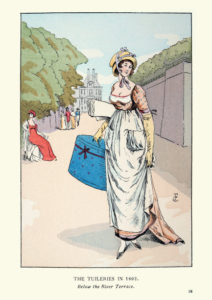 19世纪早期的女性时尚，高腰连衣裙，无边软帽，帽盒图片下载