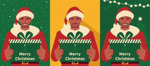 穿着圣诞老人服装的快乐帅气的中年男人拿着圣诞礼物，有三个背景图片下载