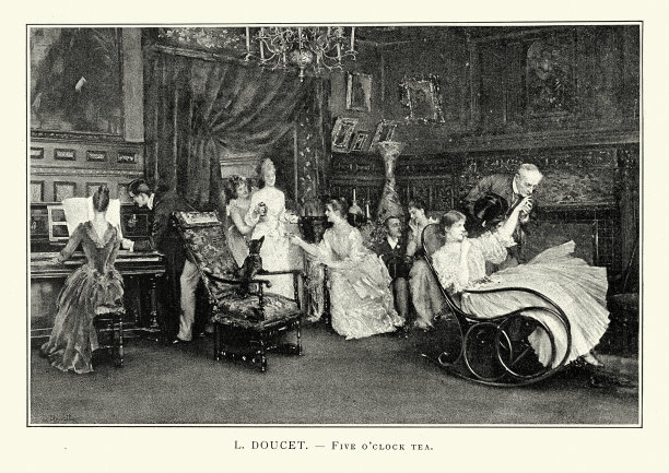 19世纪，维多利亚上层阶级的一群人在喝五点钟茶图片下载