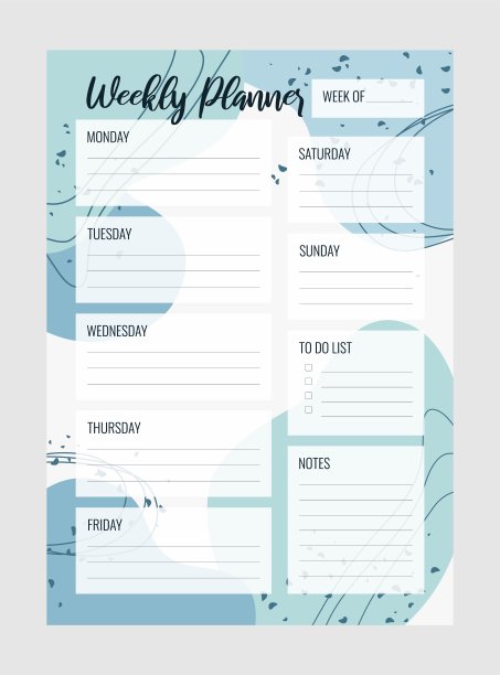 每周计划打印矢量模板。空白的管理页面A4, A5。为有效计划一周的业务日程页。个人笔记本电脑。纸张。白色背景。图片下载