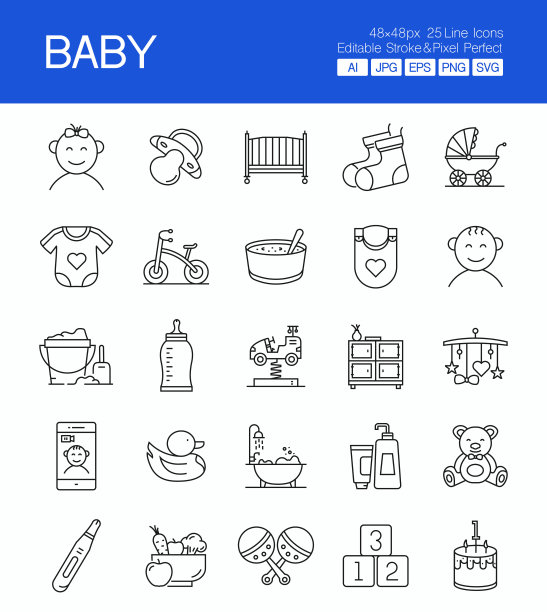 婴儿细线矢量图标集。设计是可编辑的，颜色可以改变。矢量创意图标集:女婴，婴儿床，橡皮鸭，新生儿，奶瓶。图片下载