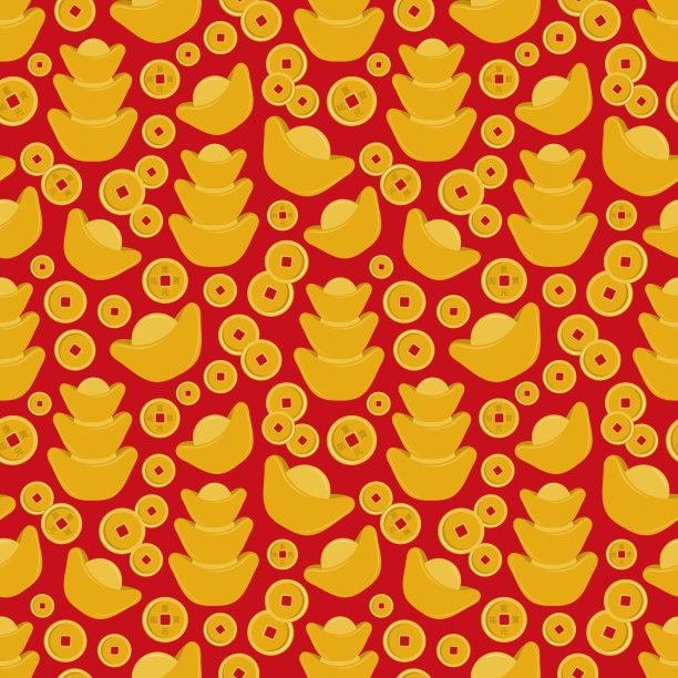 大件中国金锭、元宝和古币上的象形文字无缝图案。春节快乐。愿你财源广进，财运亨通。红色背景的亚洲货币。平的插图图片下载