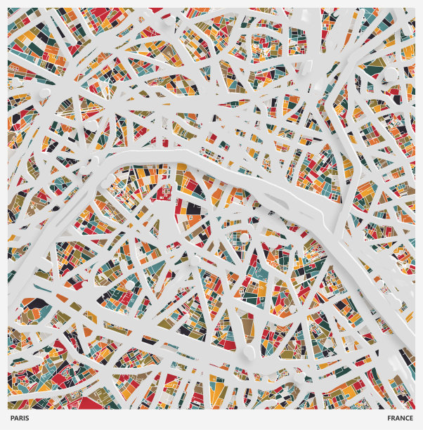 色彩剪纸风格的地图海报背景，巴黎市，法国图片下载