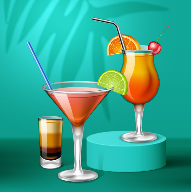 清新的夏日大都会和龙舌兰日出鸡尾酒在绿松石背景与棕榈叶阴影图片下载