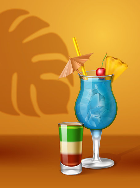 新鲜的夏季蓝色夏威夷鸡尾酒和酒精在棕叶阴影的棕色背景图片下载
