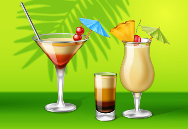 新鲜的夏季比基尼和椰林朗姆酒鸡尾酒绿色背景与棕榈叶阴影图片下载