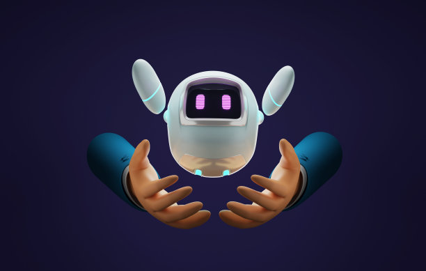 可爱的机器人在紫色背景的商人手上图片下载