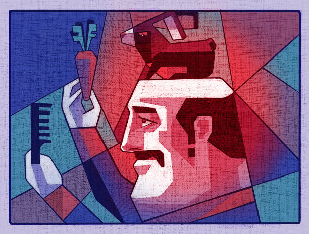 秃头男人拿着梳子和胡萝卜抱着兔子图片下载