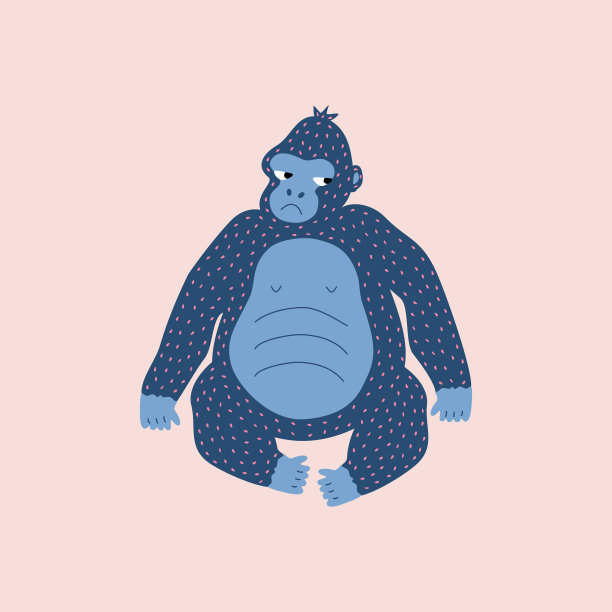 悲伤饥饿的大猩猩手绘矢量插图。孤立的野生动物在平坦的风格为孩子的标志或图标。图片下载