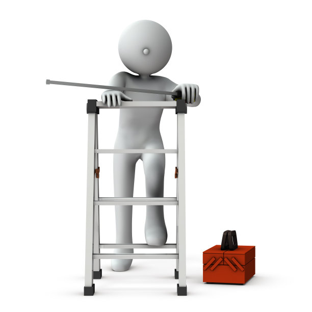 把脚放在活梯上往上看的人。用卷尺量长度。自己动手。3 d渲染。白色背景。图片下载