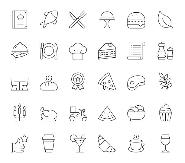 餐厅线图标集- 30个可编辑的描边矢量插图图片下载