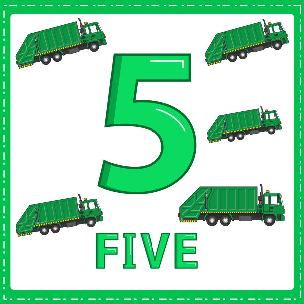 幼儿数字教育插图。为孩子们学会了用5辆垃圾车的数字，如图所示在车辆类别中图片下载