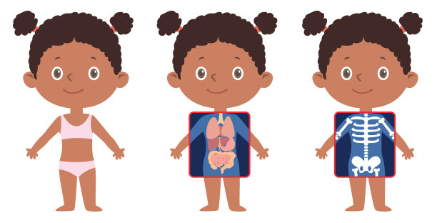 正在拍X光片的非洲小女孩，X光屏幕上显示的是内部器官和骨骼图片下载