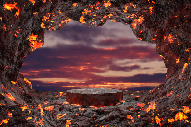 摘要3d渲染和自然背景，熔岩和麦格纳石讲台上的熔岩洞在雪洞为产品展示，极简的模型和展示图片下载