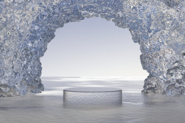 抽象底座3d渲染冬季场景和自然背景，冰讲台上以冰海为背景的水晶拱门为产品展示，极简的模型和展示图片下载