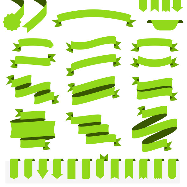 一套绿色丝带，横幅-设计元素在白色的背景图片下载