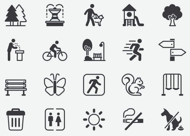 公园set.Tree图标。健康。植物园，旋转木马，摩天轮，博物馆，远足，池塘，街头食品，喷泉矢量插图。完美像素图标图片下载