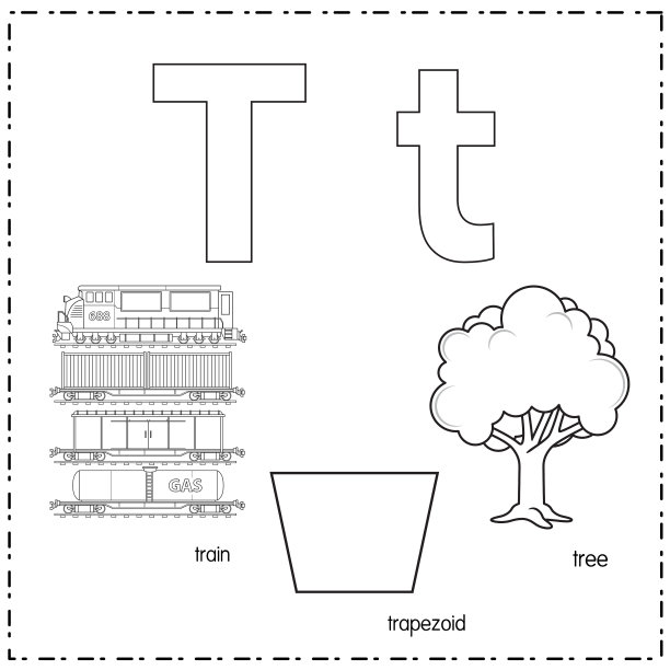 向量插图学习字母T的小写和大写的儿童与3卡通图像。火车梯形树。图片下载