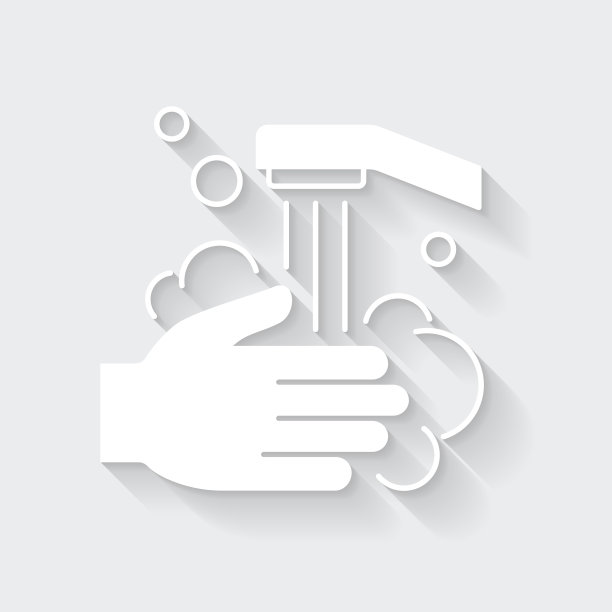 用肥皂和水洗手。图标与空白背景上的长阴影-平面设计图片下载