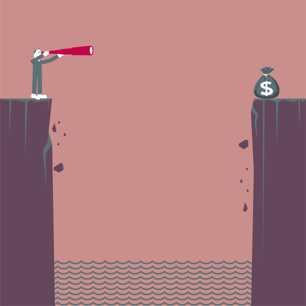 一个人站在悬崖上，手里拿着望远镜，观察对面的钱袋。图片下载